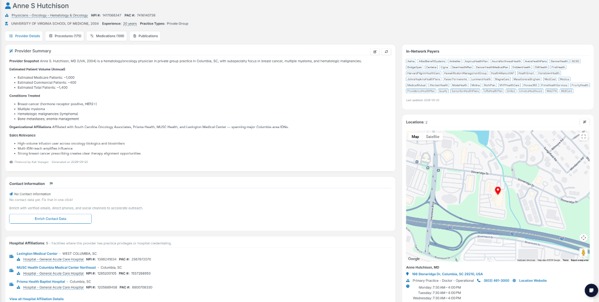 A Voyager provider profile showing the provider summary, estimated patient volume, conditions treated, organizational affiliations, in-network payers, a mapped practice location with hours, and hospital affiliations
