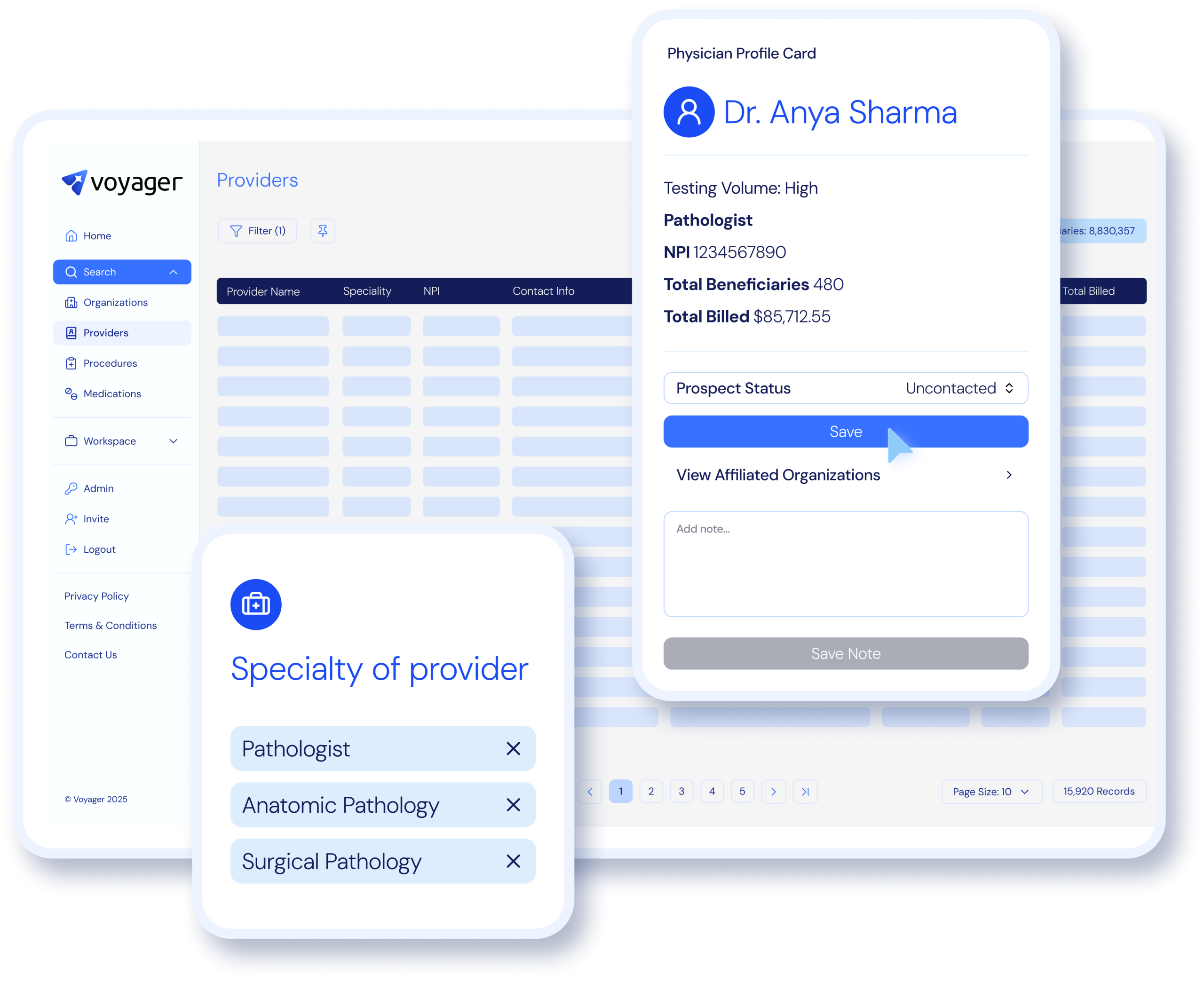 A Voyager provider search filtered to pathology specialties, with a physician profile card showing testing volume, NPI and billing