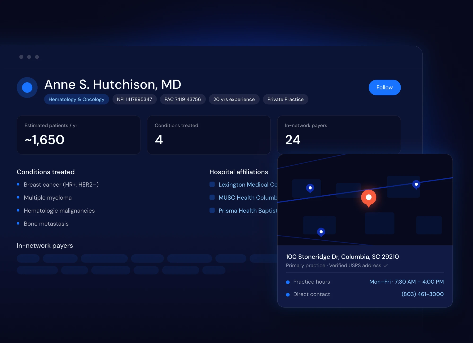 A Voyager provider profile showing specialty, NPI and PAC, experience and practice type, estimated patients per year, conditions treated, in-network payers, hospital affiliations, and a mapped practice location with hours and direct contact