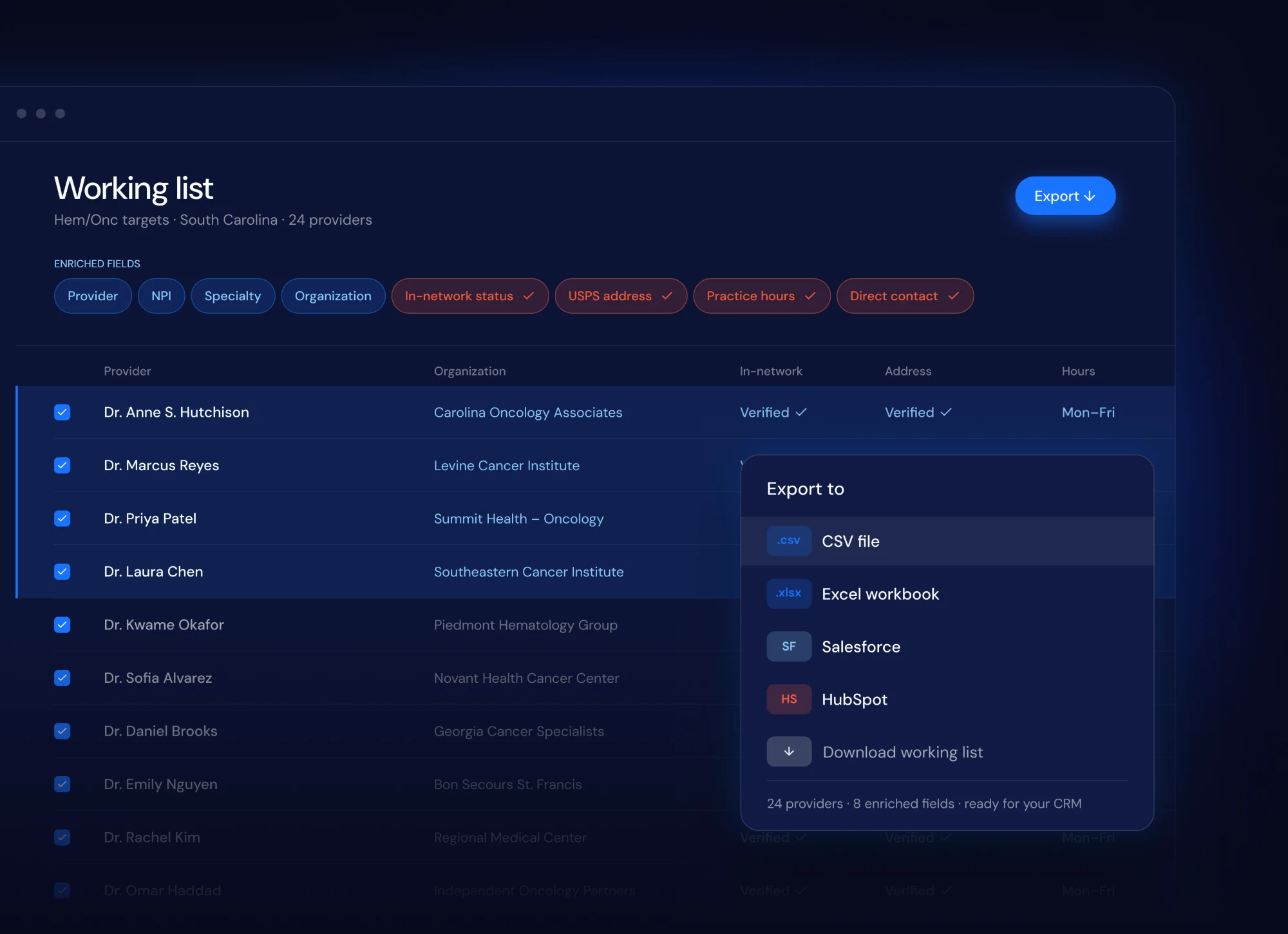 A Voyager working list of 24 providers with enriched fields, and an export menu for CSV, Excel, Salesforce and HubSpot